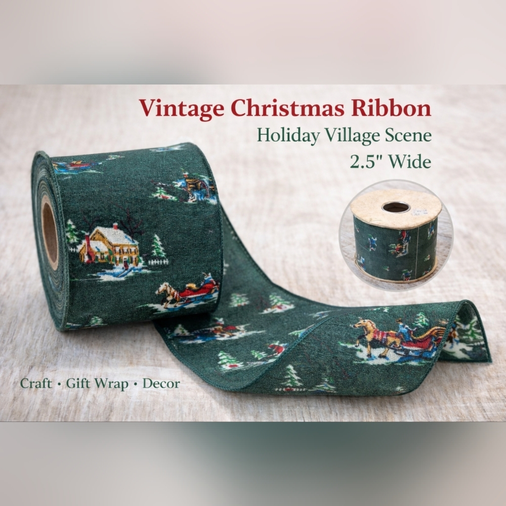Vintage Christmas Village Ribbon Spool 2.5" Wide Green Holiday Scene NOS Sealed